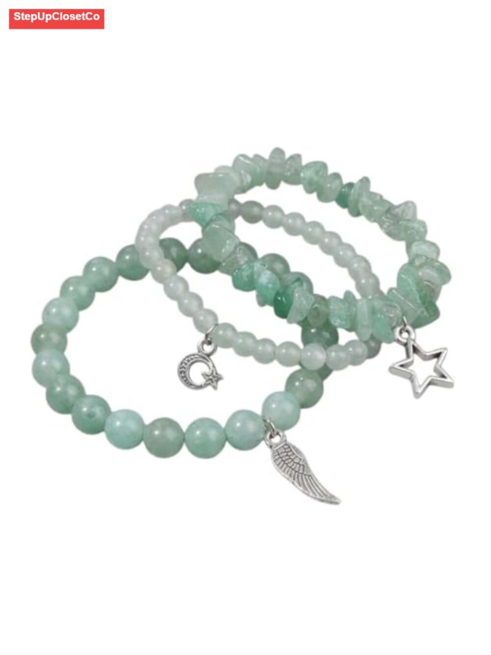 Handcrafted Crystal Chip Stone Stretch Bracelet Set with Moon Star Wing Charms